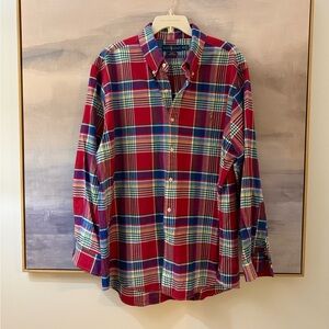 Ralph Lauren Red and Blue Stretch Oxford Plaid Button Down Shirt